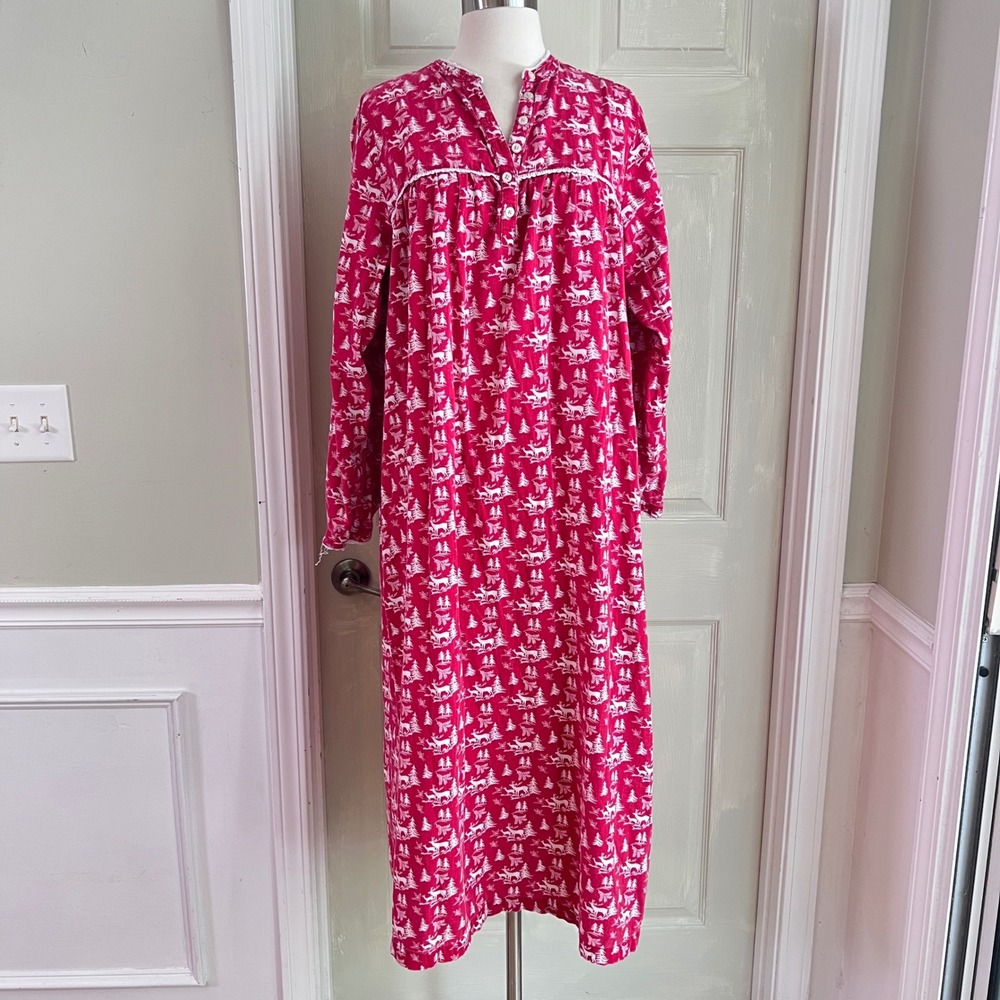 LL Bean Nightgown L Regular Womens Cotton Flannel Reindeer Red Winter Christmas